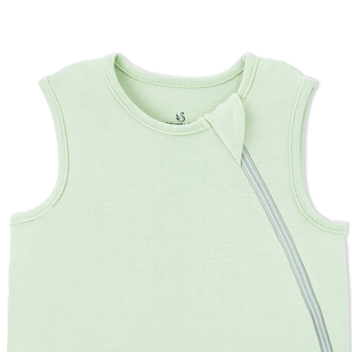 Ribbed collar detail with fabric-covered zipper pull on sage green sleep sack