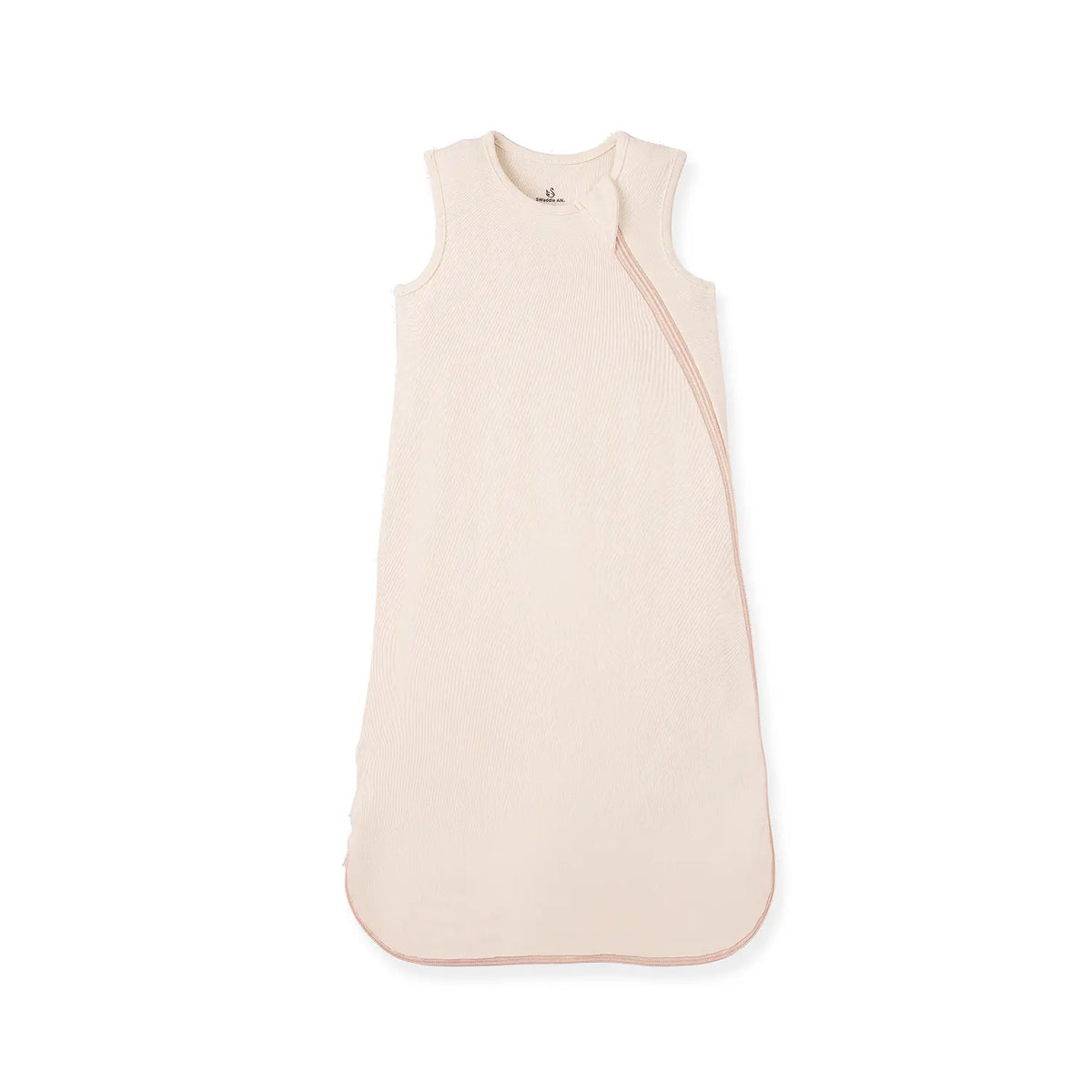Sand-colored sleeveless bamboo sleep sack with diagonal zipper on white background