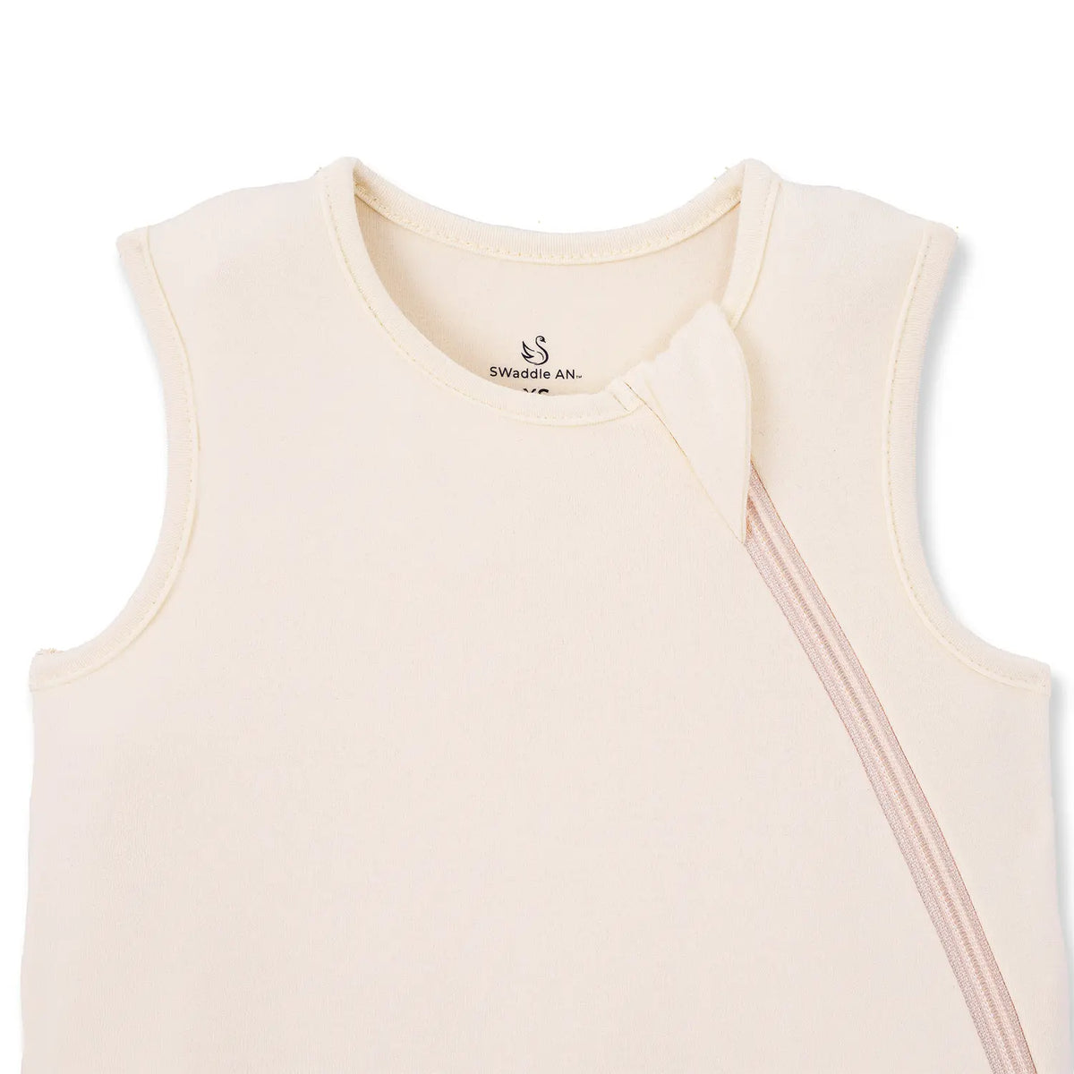 Black swan logo and brand name inside collar of sand bamboo sleep sack