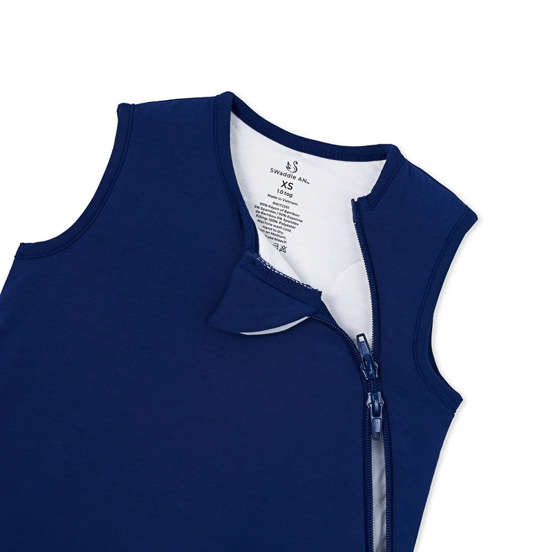 Close-up of navy blue fabric and white inner label showing size details