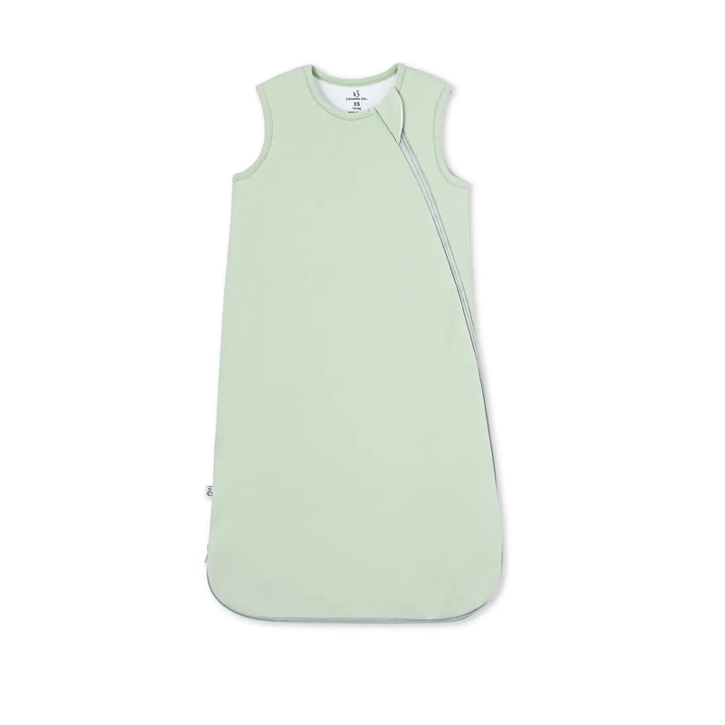Sage green sleeveless bamboo sleep sack with diagonal zipper on white background