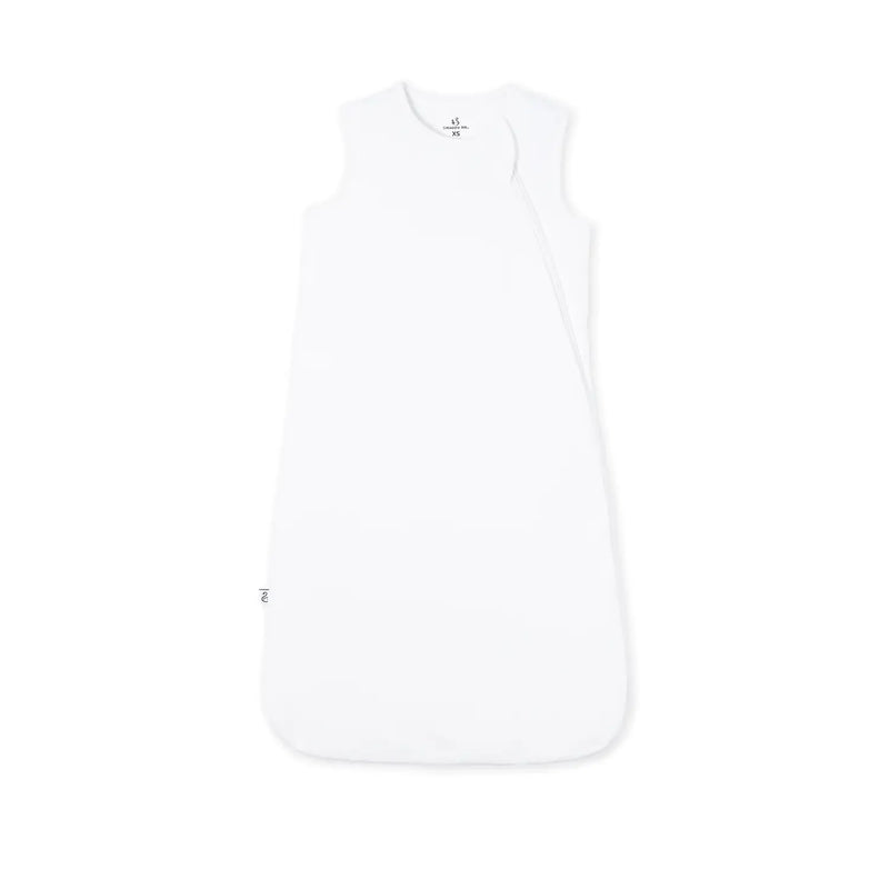 White bamboo sleep sack flat lay with diagonal zipper and brand tag