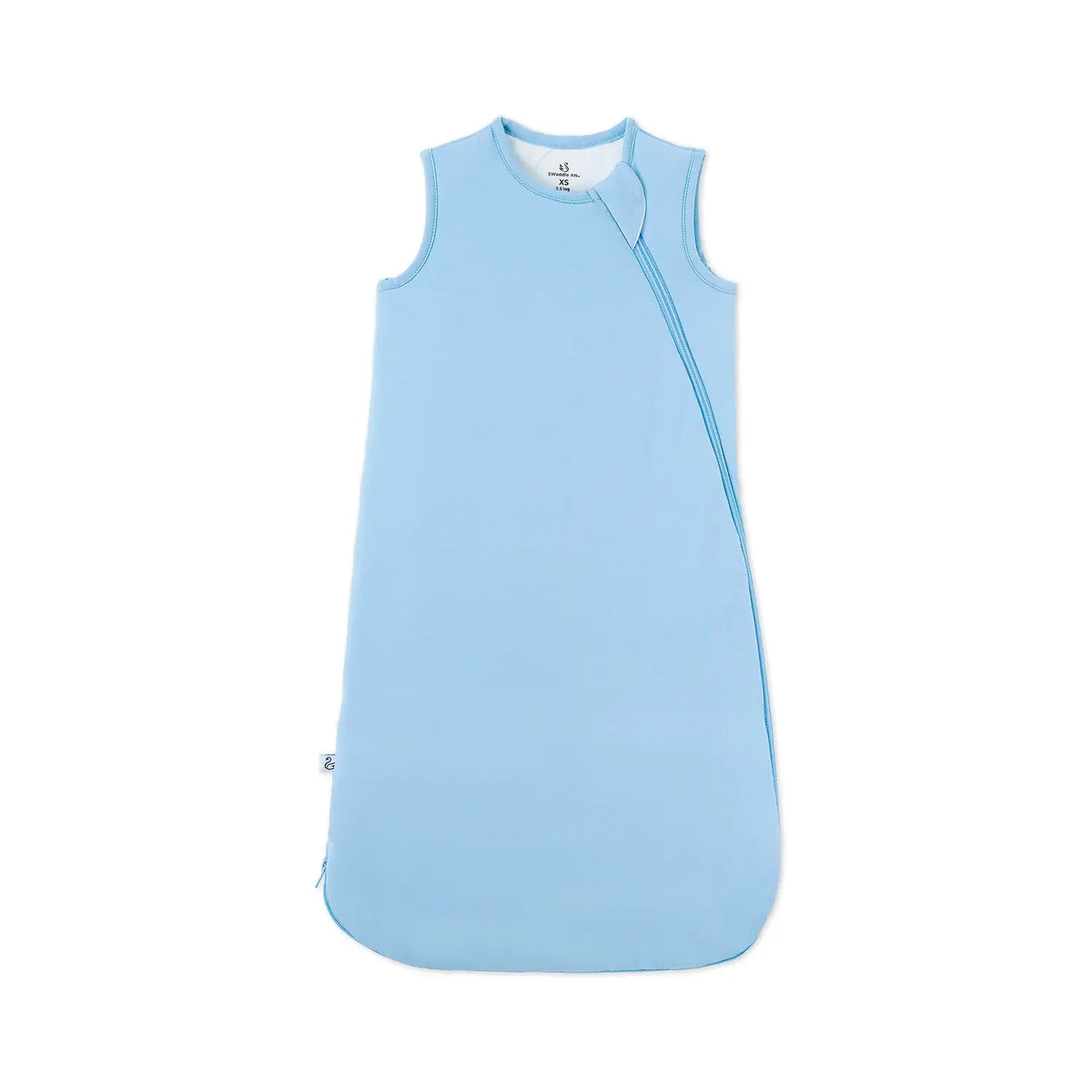 Light blue sleeveless baby sleep sack with diagonal zipper on white background