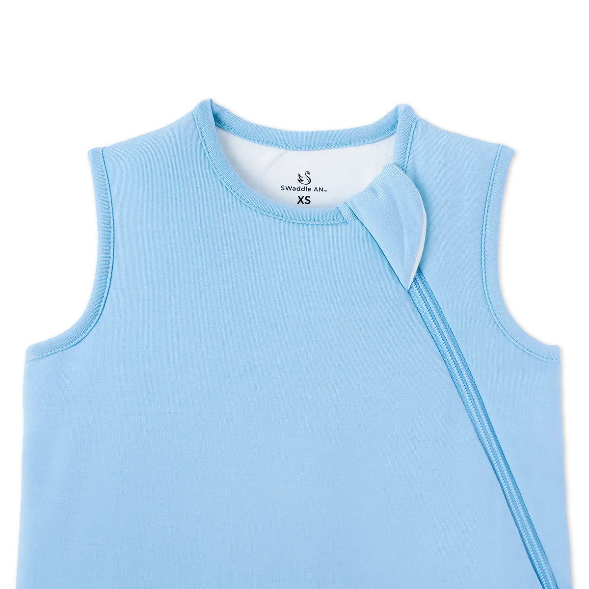 Detail of ribbed collar and texture on light blue sleeveless baby sleep sack