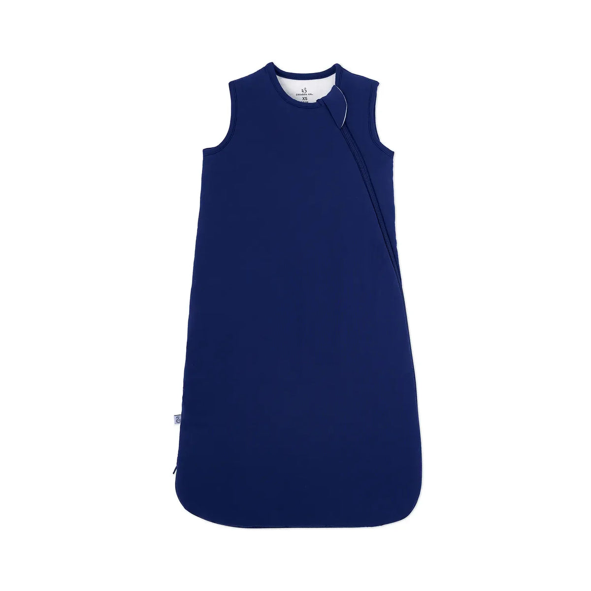 Navy blue bamboo sleep sack with diagonal zipper on white background