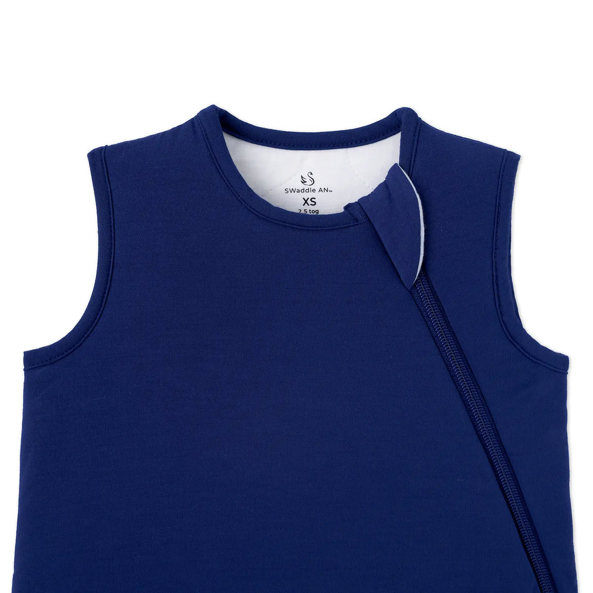 Close-up of deep blue bamboo viscose neckline with printed thermal rating label