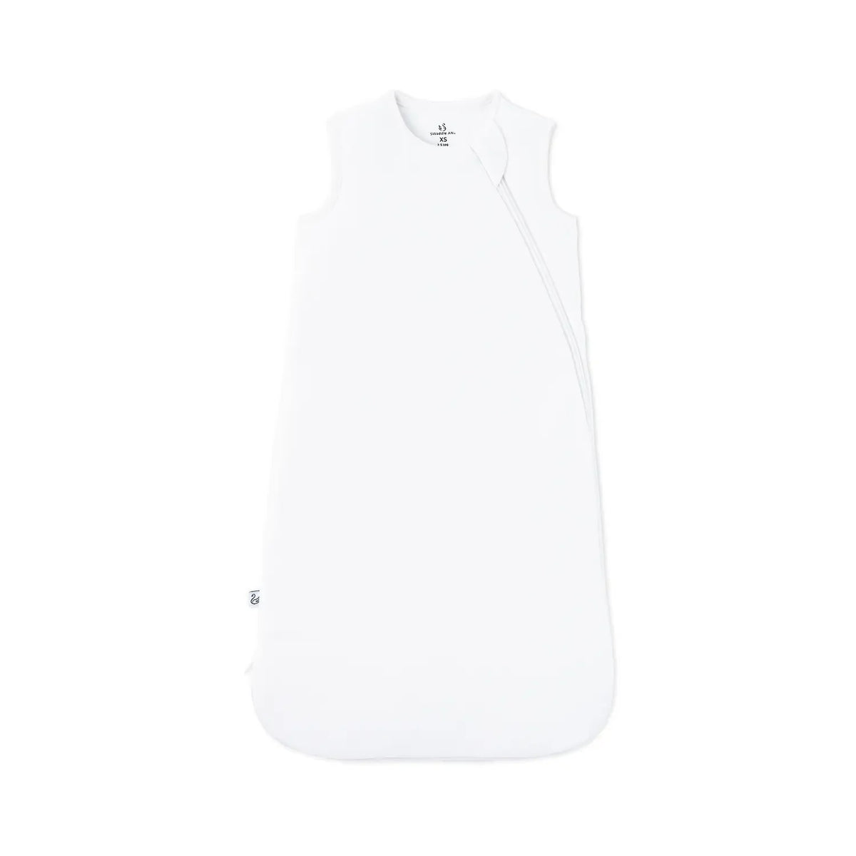 White bamboo sleep sack flat lay with diagonal zipper and brand tag