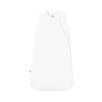 White bamboo sleep sack flat lay with diagonal zipper and brand tag