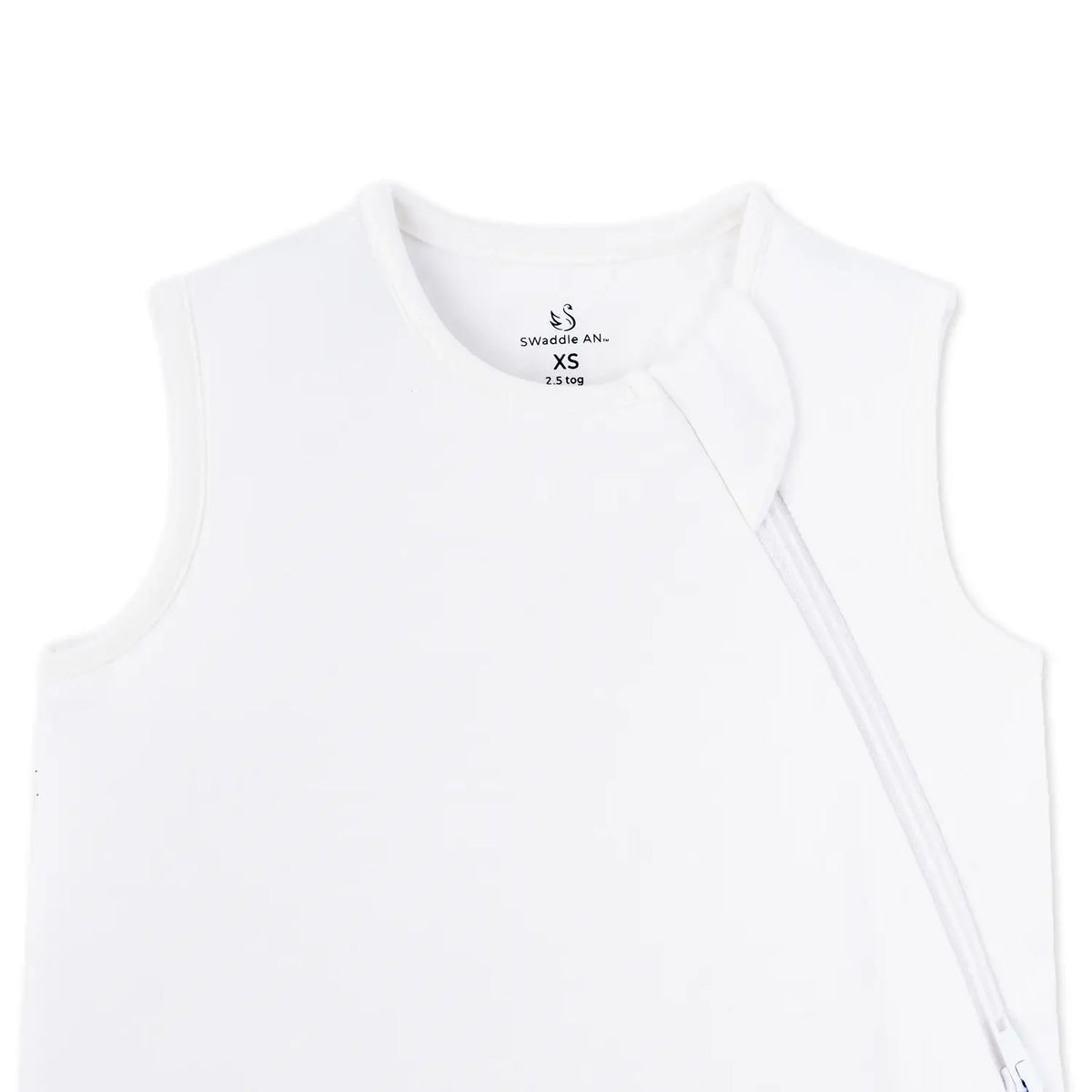 Front view of white sleep sack neckline with swan logo and diagonal zipper