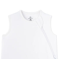 Front view of white sleep sack neckline with swan logo and diagonal zipper