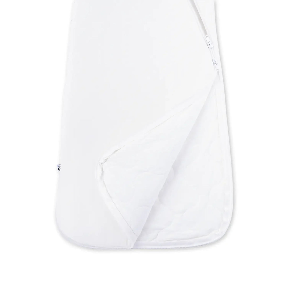 Folded hem revealing quilted inner insulation layer of white bamboo sleep sack