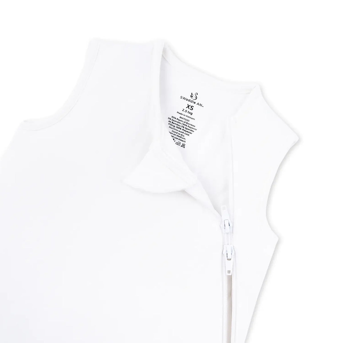 Close up of white neck label showing SwaddleAn logo and 95% bamboo viscose content