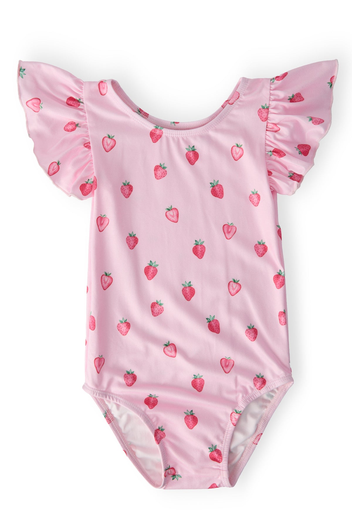 Pink Sweet Strawberries flutter-sleeve leotard for tiny ballerinas, strawberry print, perfect for first dance class.