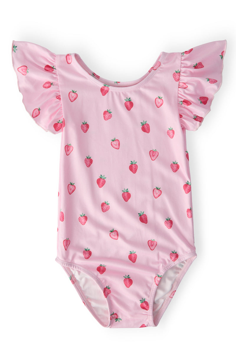 Pink Sweet Strawberries flutter-sleeve leotard for tiny ballerinas, strawberry print, perfect for first dance class.