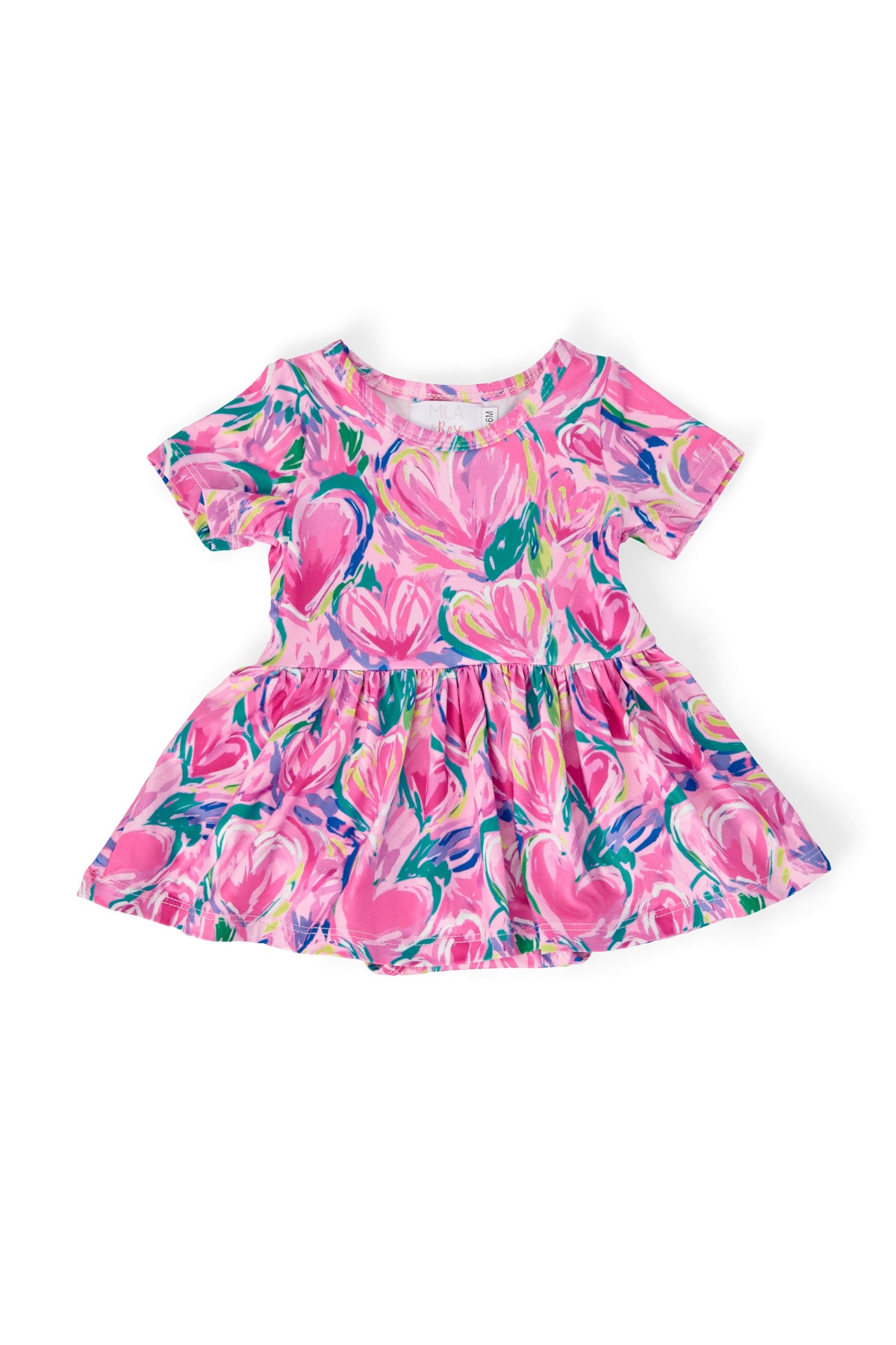 hot pink floral romper for babies and toddlers with a twirl skirt and ruffle sleeves