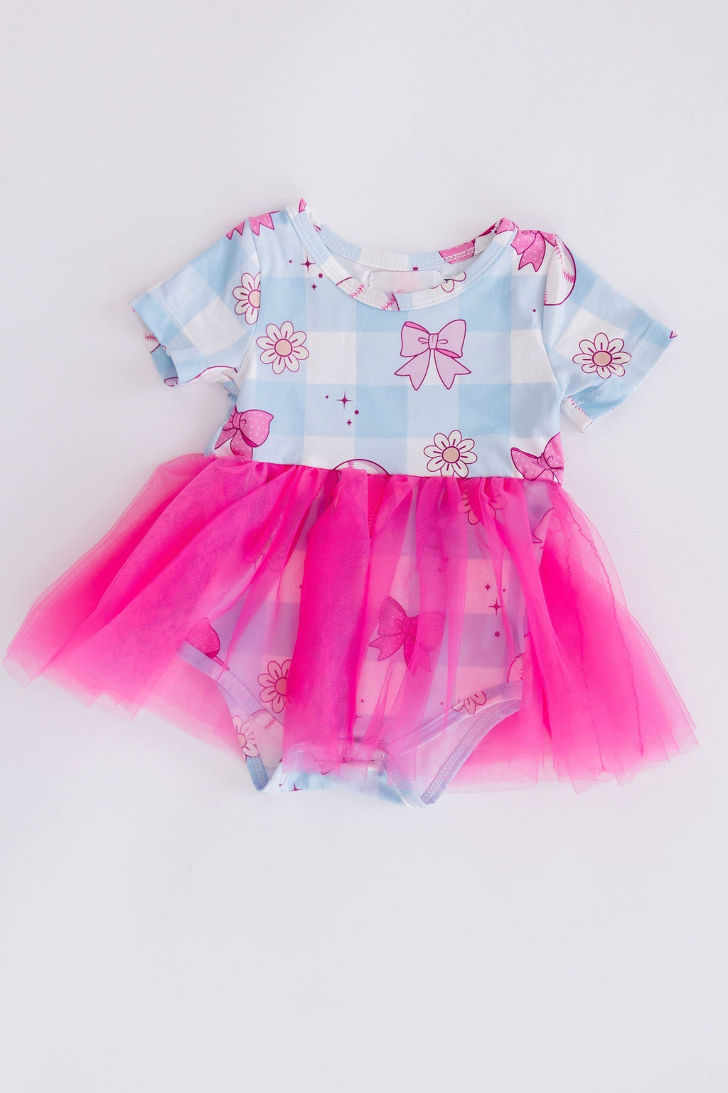 SALE Take Me Out to the Bow Game Tutu Bodysuit featuring a blue checked design with pink tulle skirt and floral accents, perfect for little fashionistas.