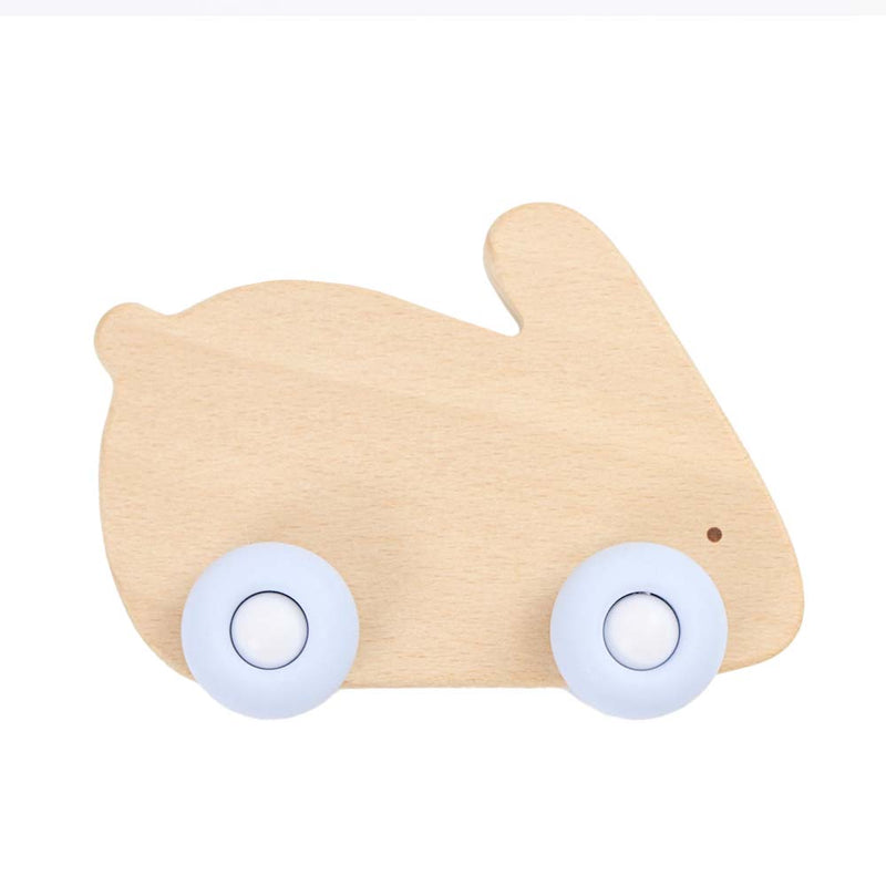 Blue Bunny Silicone + Wood Teether with Wheels, perfect for toddlers aged 4 months and up, showcasing an adorable bunny design and fun wheels.
