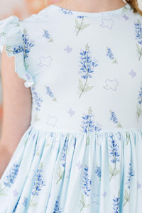 Texas bluebonnet print twirl dress for girls with flutter sleeves and gathered waist.
