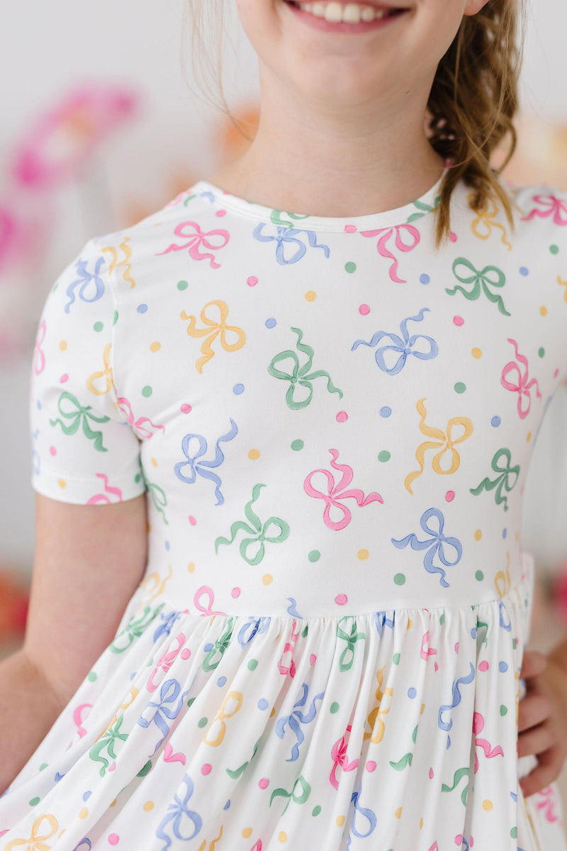 Tied in Love Short Sleeve Pocket Twirl Dress - Adorable Bows