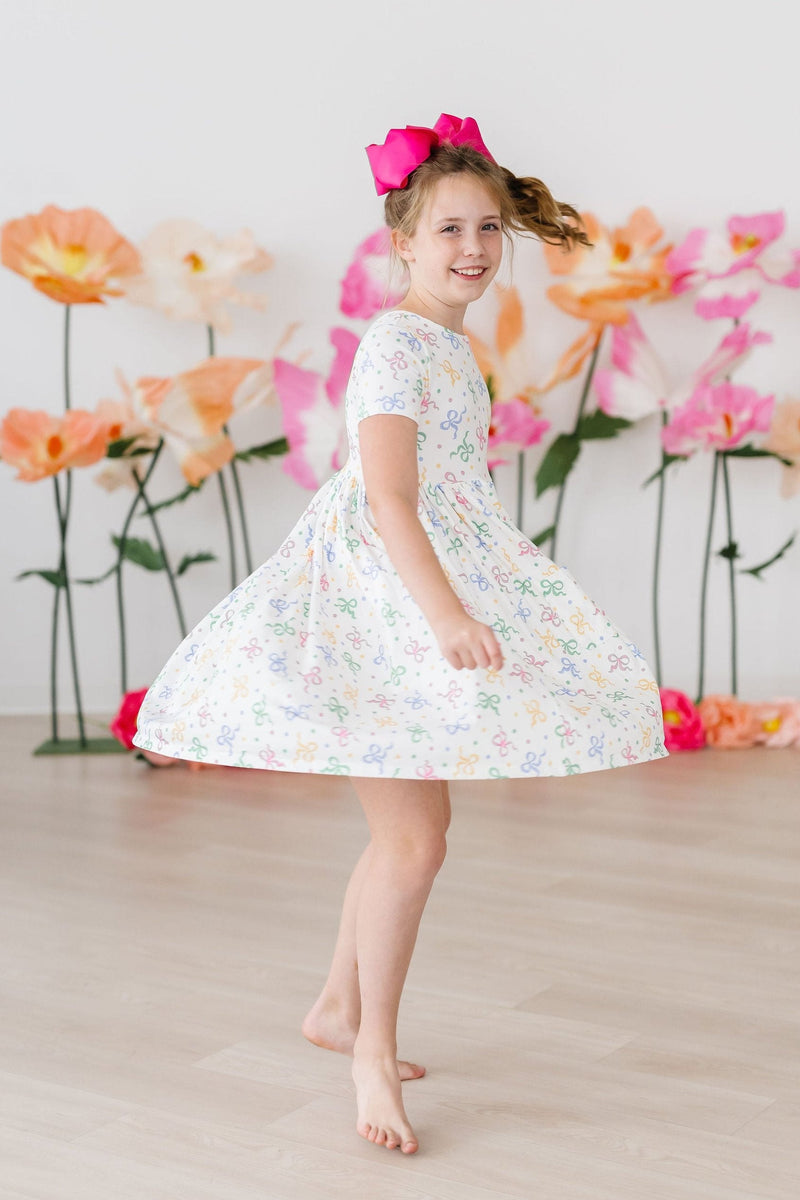 Tied in Love Short Sleeve Pocket Twirl Dress - Adorable Bows