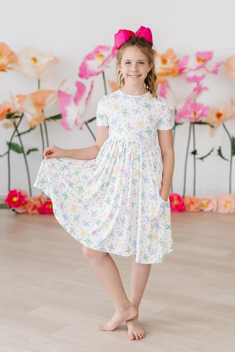 Tied in Love Short Sleeve Pocket Twirl Dress - Adorable Bows