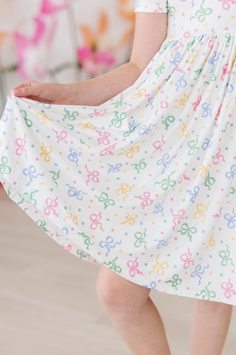 Tied in Love Short Sleeve Pocket Twirl Dress - Adorable Bows