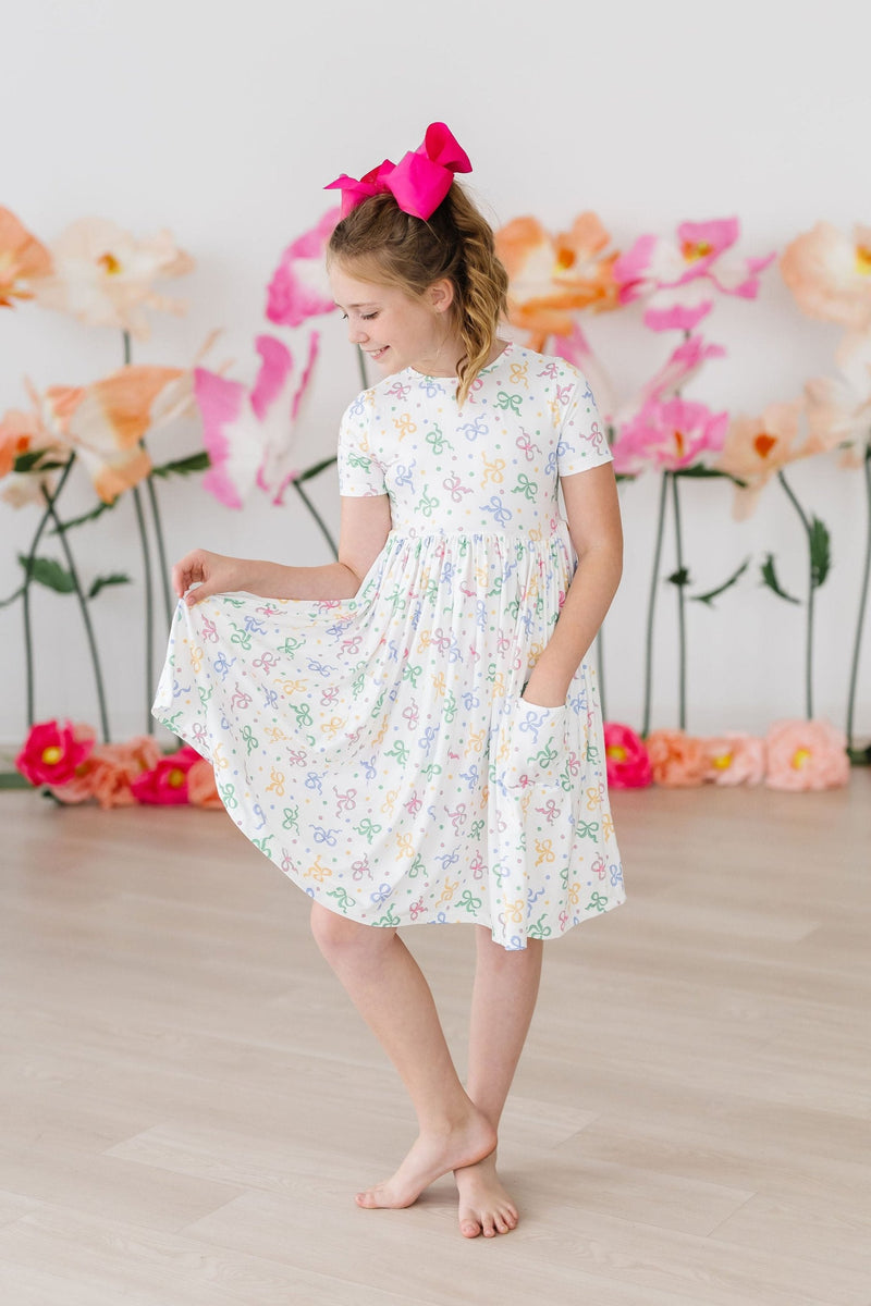 Tied in Love Short Sleeve Pocket Twirl Dress - Adorable Bows