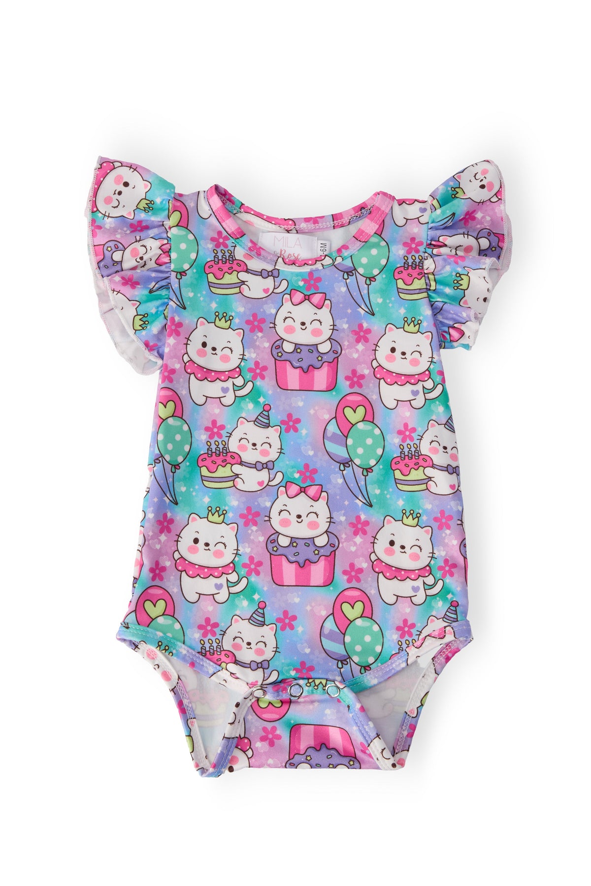 Time To Purr-ty S/S Flutter Trendy Bodysuit for babies with pastel cat and cupcake print.