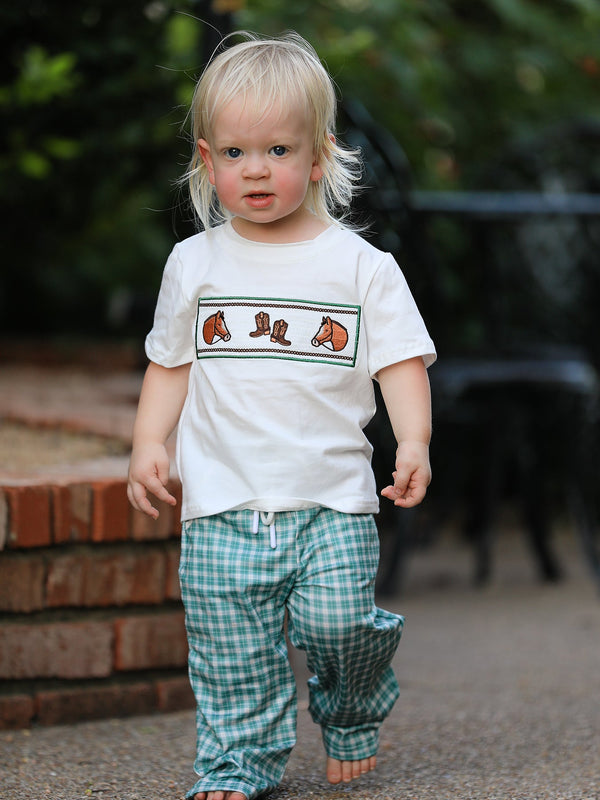 Toddler wearing Western Plaid Horse Embroidery two-piece set: white tee with horse embroidery and mint plaid pants.