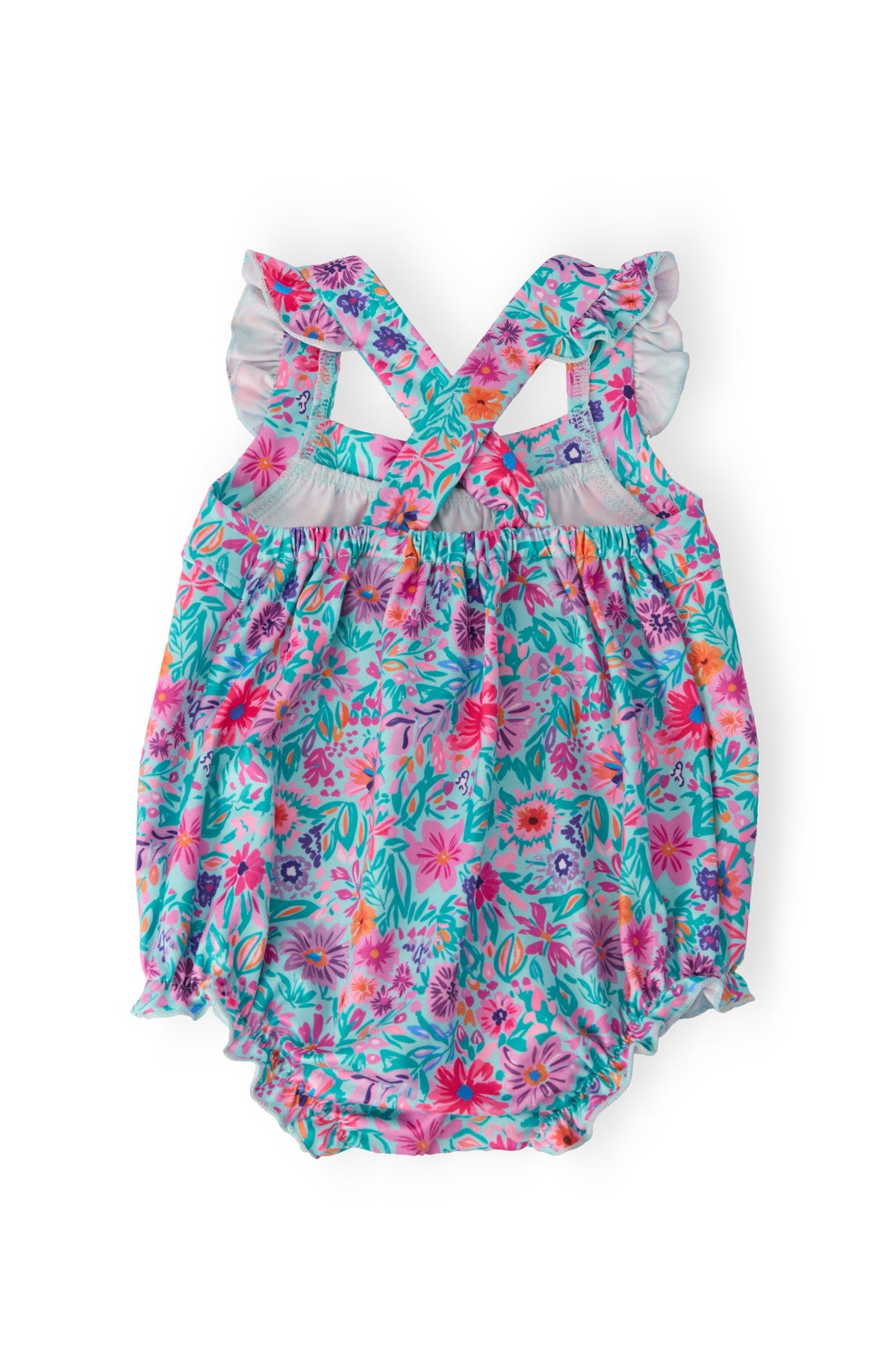 Tropical Garden Ruffle Cross Back Bubble Romper with bright floral print