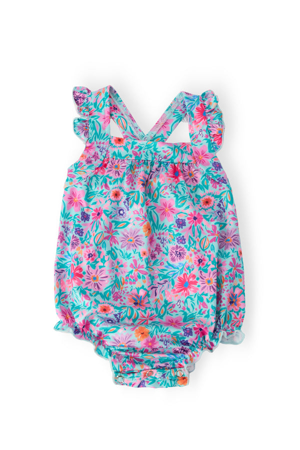 Tropical Garden Ruffle Cross Back Bubble Romper, colorful floral print with ruffled straps.