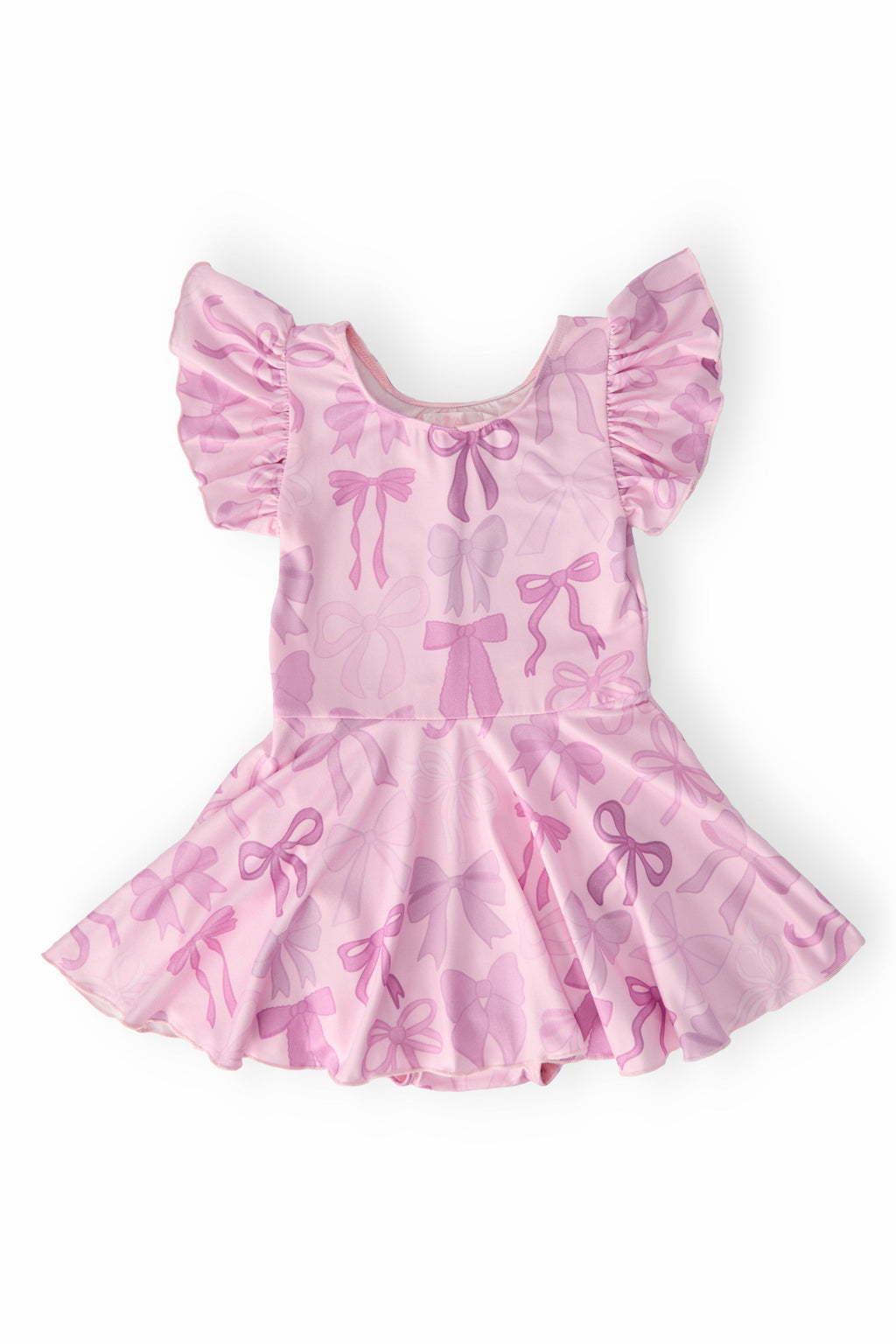 Twinkle Ties S/S Twirl Leotard featuring a playful pink design with bow patterns and flouncy sleeves, perfect for young dancers.