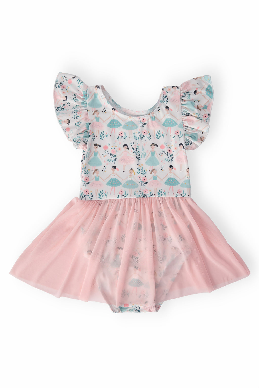 Twinkle Toes S/S Twirl Leotard featuring a colorful design with floral patterns and a pink tulle skirt, perfect for little dancers.