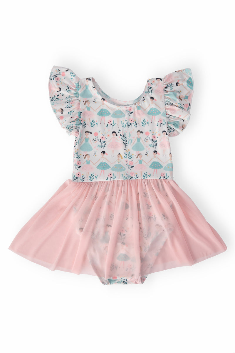 Twinkle Toes S/S Twirl Leotard featuring a colorful design with floral patterns and a pink tulle skirt, perfect for little dancers.