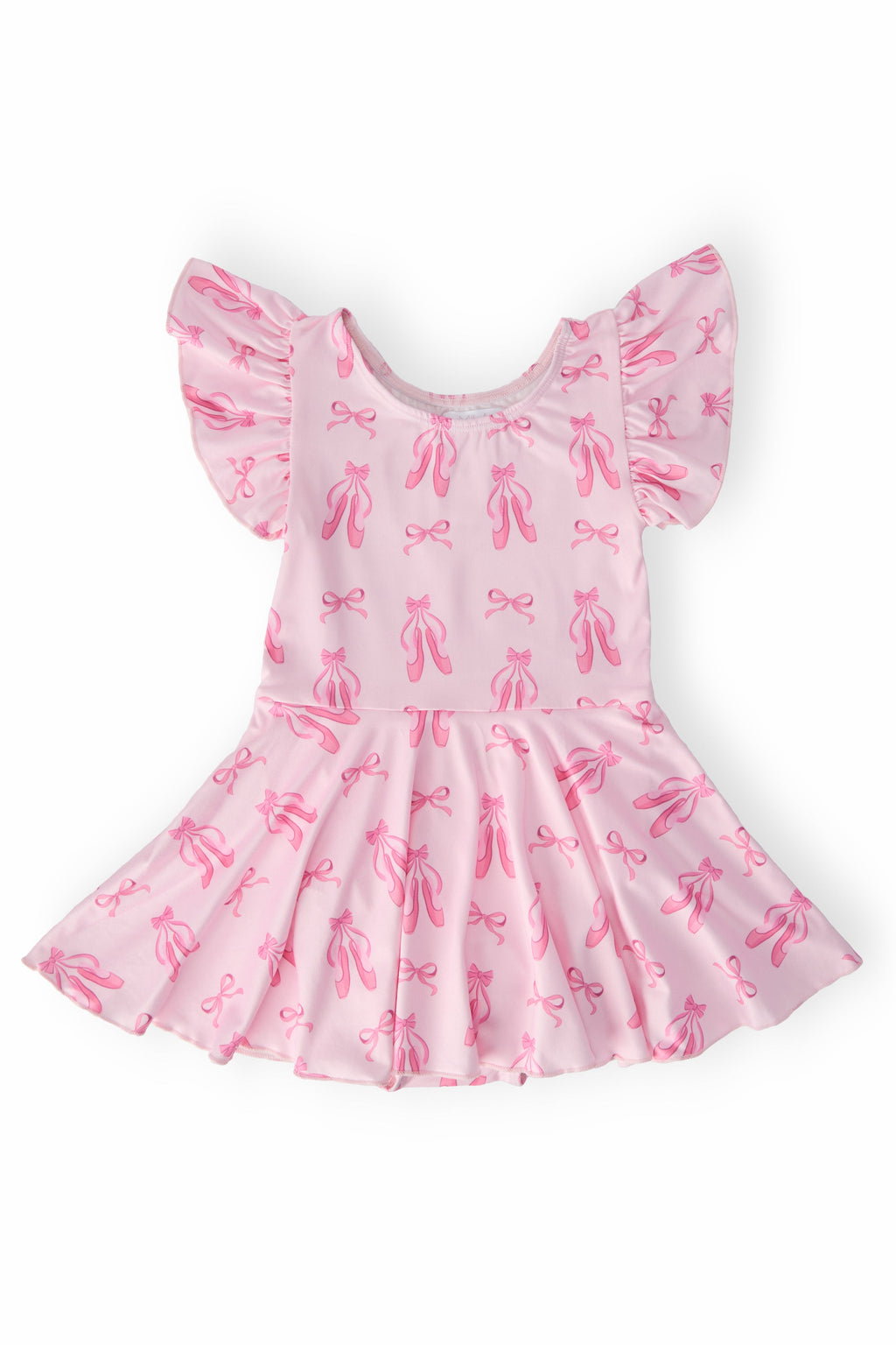 Cute pink Twirling En Pointe short sleeve twirl leotard featuring ballet slippers, perfect for tiny ballerinas.