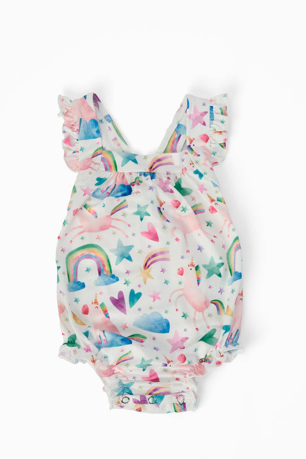 Unicorn Kisses Ruffle Cross Back Romper - The Palm Beach Baby Mila & Rose ®