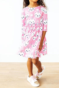 Unicorn Kitties 3/4 Sleeve Pocket Twirl Dress in pink with unicorn faces, twirly kids' dress