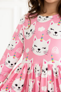 Unicorn Kitties pink 3/4 sleeve twirl dress with white unicorn faces and rainbow horns