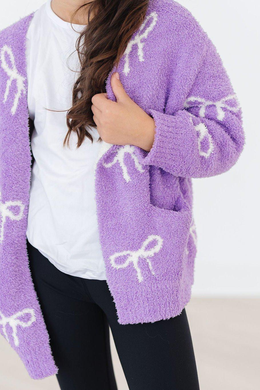 Lilac/Coconut Bow Cozy Cardigan for Girls