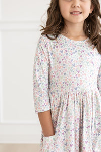 One in a Million 3/4 Sleeve Pocket Twirl Dress in pastel heart print with twirl skirt