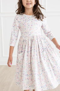 One in a Million 3/4 sleeve pocket twirl dress in pastel heart print with a full skirt.