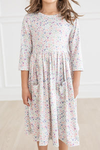 One in a Million 3/4 sleeve twirl dress with pastel heart print, scoop back, ballet neckline, pockets.