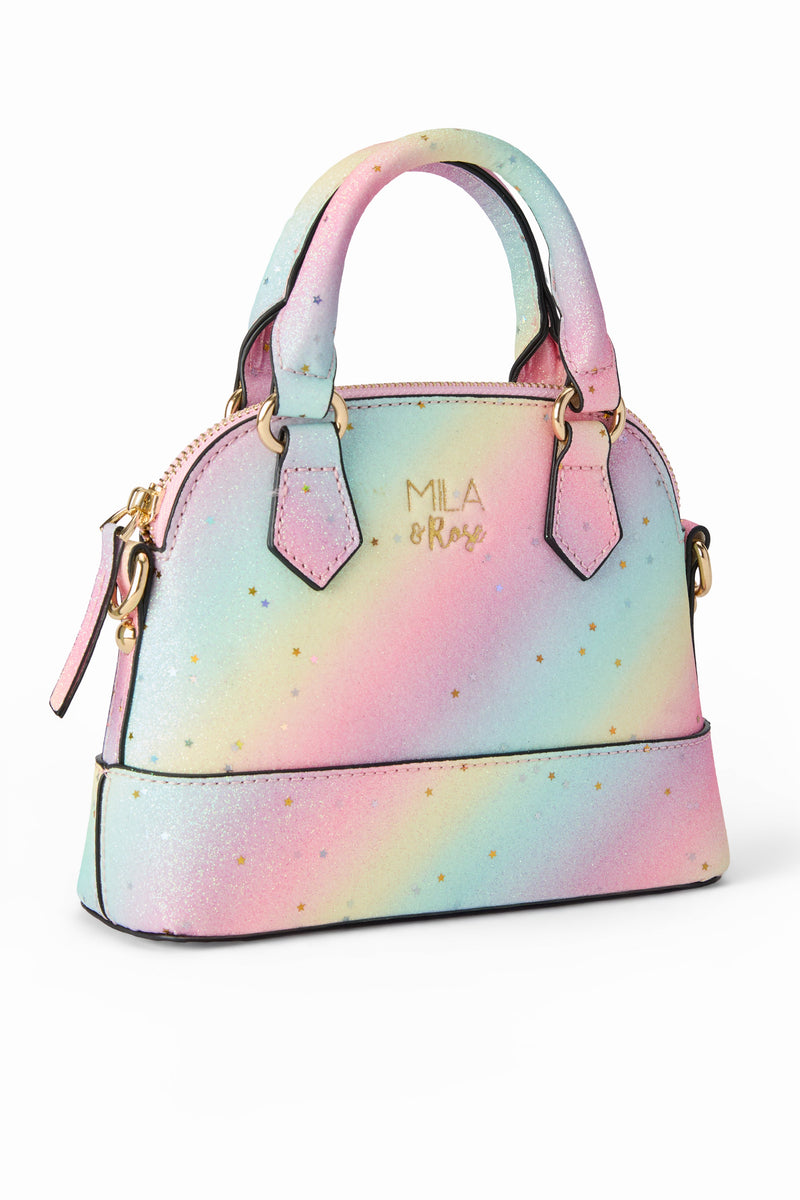 Pastel rainbow glitter girl's crossbody purse featuring gold stars and a top handle. Perfect fashion accessory for kids.