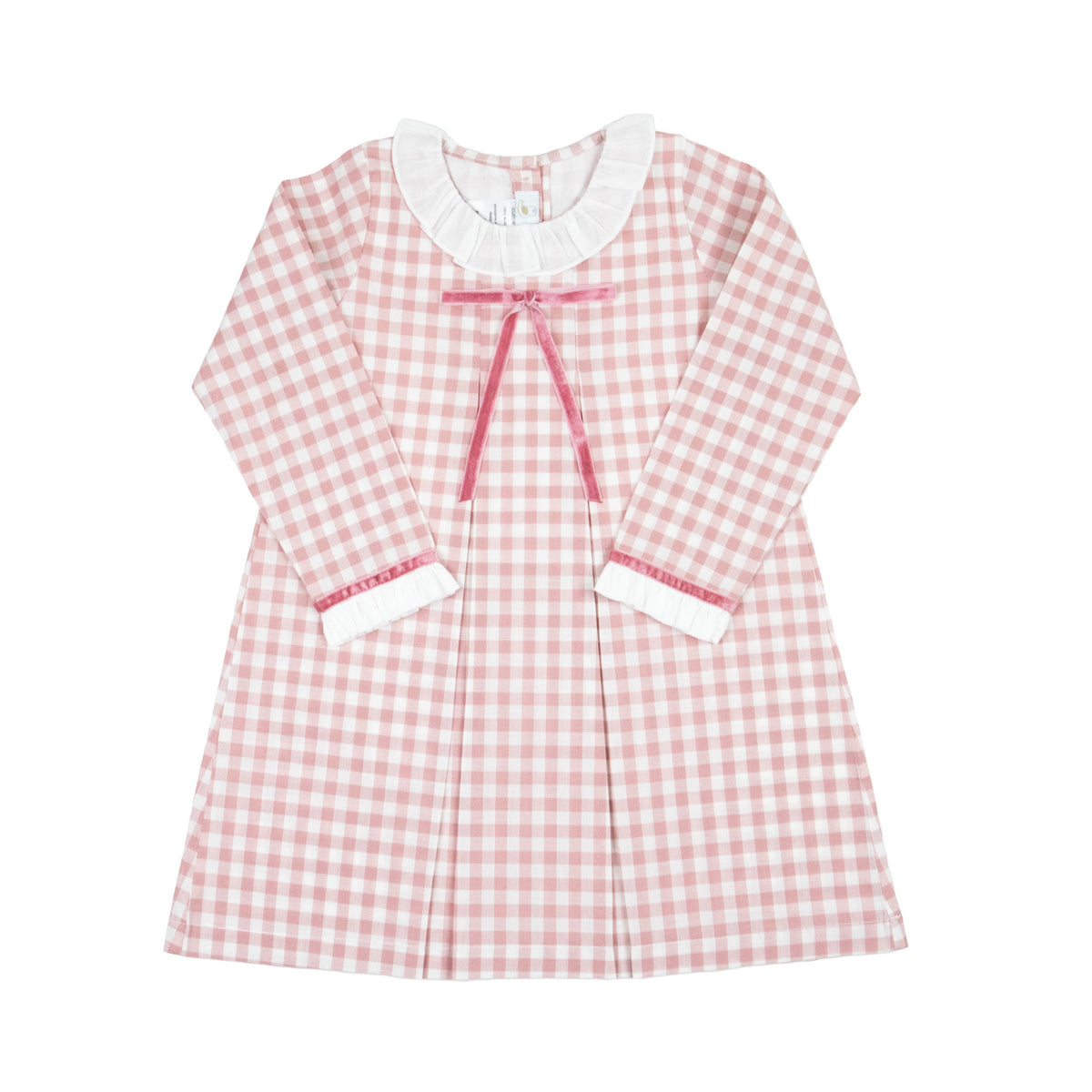 Pink gingham girls dress with white ruffled collar, deep rose velvet bow, and matching cuffs in A-line silhouette.