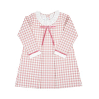 Pink gingham girls dress with white ruffled collar, deep rose velvet bow, and matching cuffs in A-line silhouette.