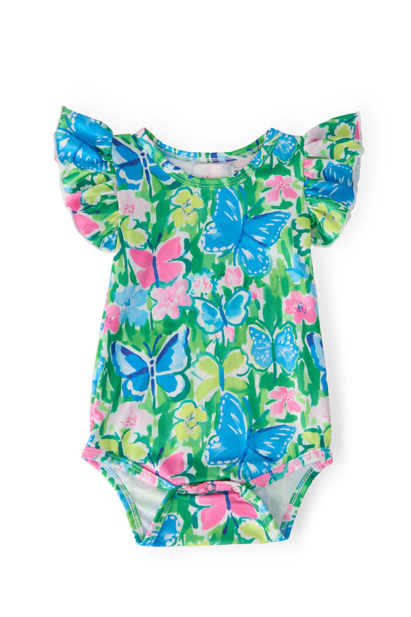 Watercolor Butterflies S/S Flutter Bodysuit with flutter sleeves in bright green, pink, and blue floral print.