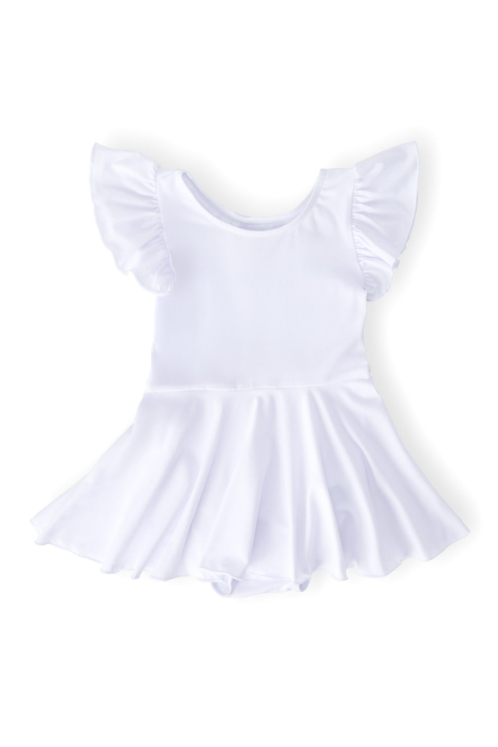 White Short Sleeve Twirl Leotard - a beautifully designed leotard with a flared skirt and ruffled sleeves, perfect for young dancers to twirl and play.