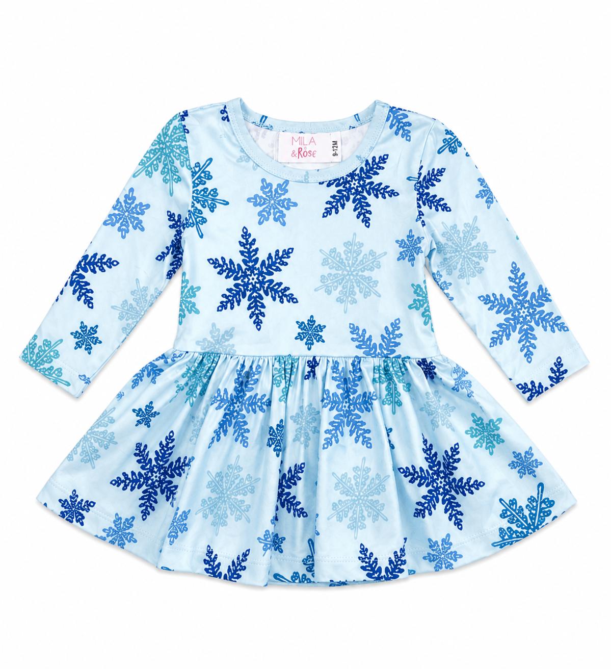 Light blue long sleeve twirl bodysuit with blue snowflake print for babies. Snap closure for easy diaper changes. Perfect winter outfit.
