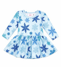 Light blue long sleeve twirl bodysuit with blue snowflake print for babies. Snap closure for easy diaper changes. Perfect winter outfit.