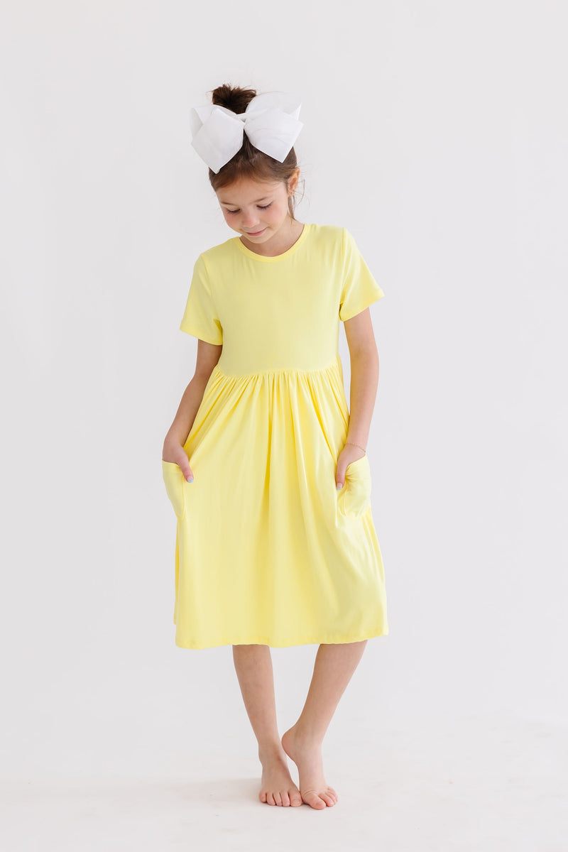 Yellow Short Sleeve Pocket Twirl Dress